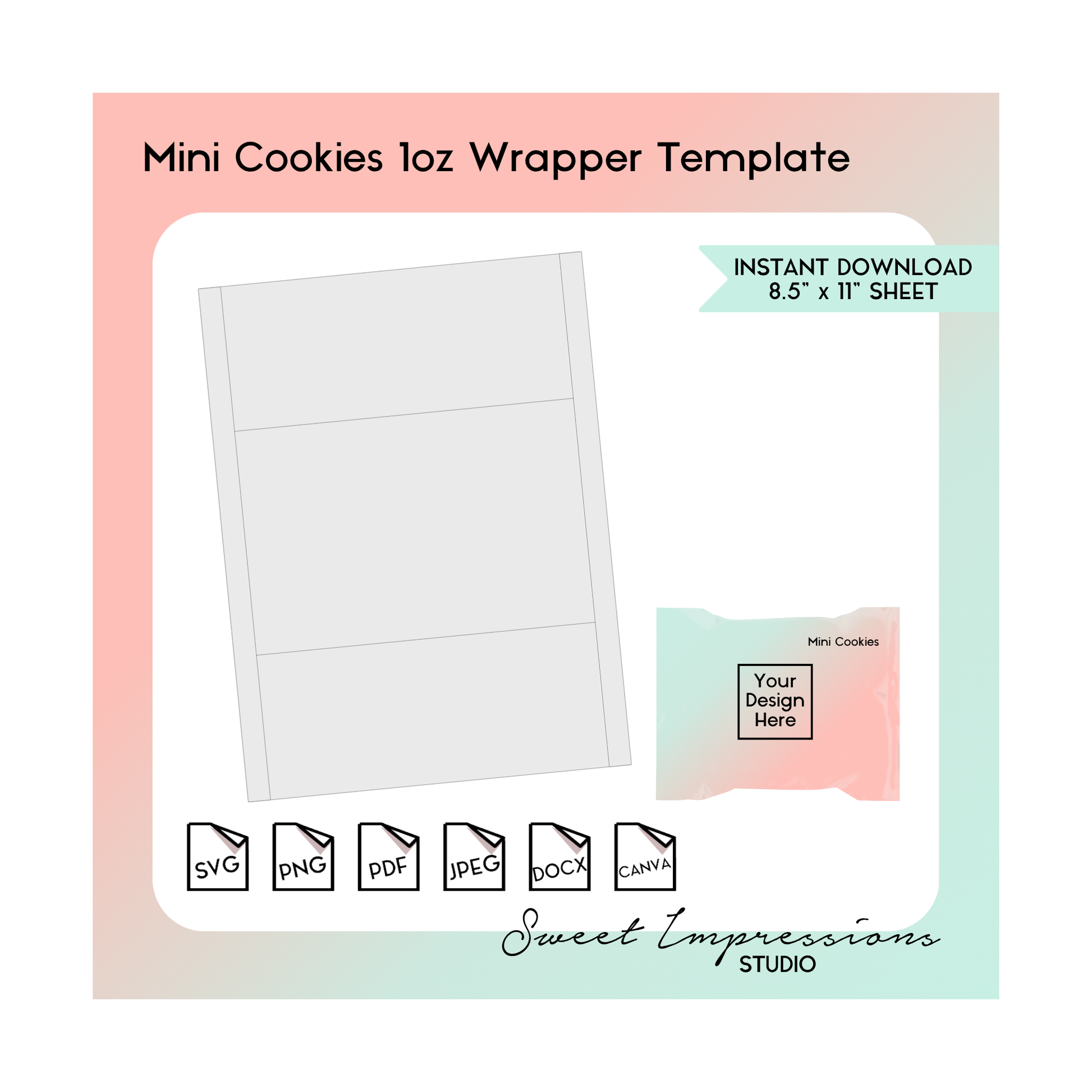 Mini Cookies Wrapper Template | Blank Template | svg, png,pdf, jpeg, docx, canva | DIY Printable | 1oz Package Size | INSTANT DOWNLOAD