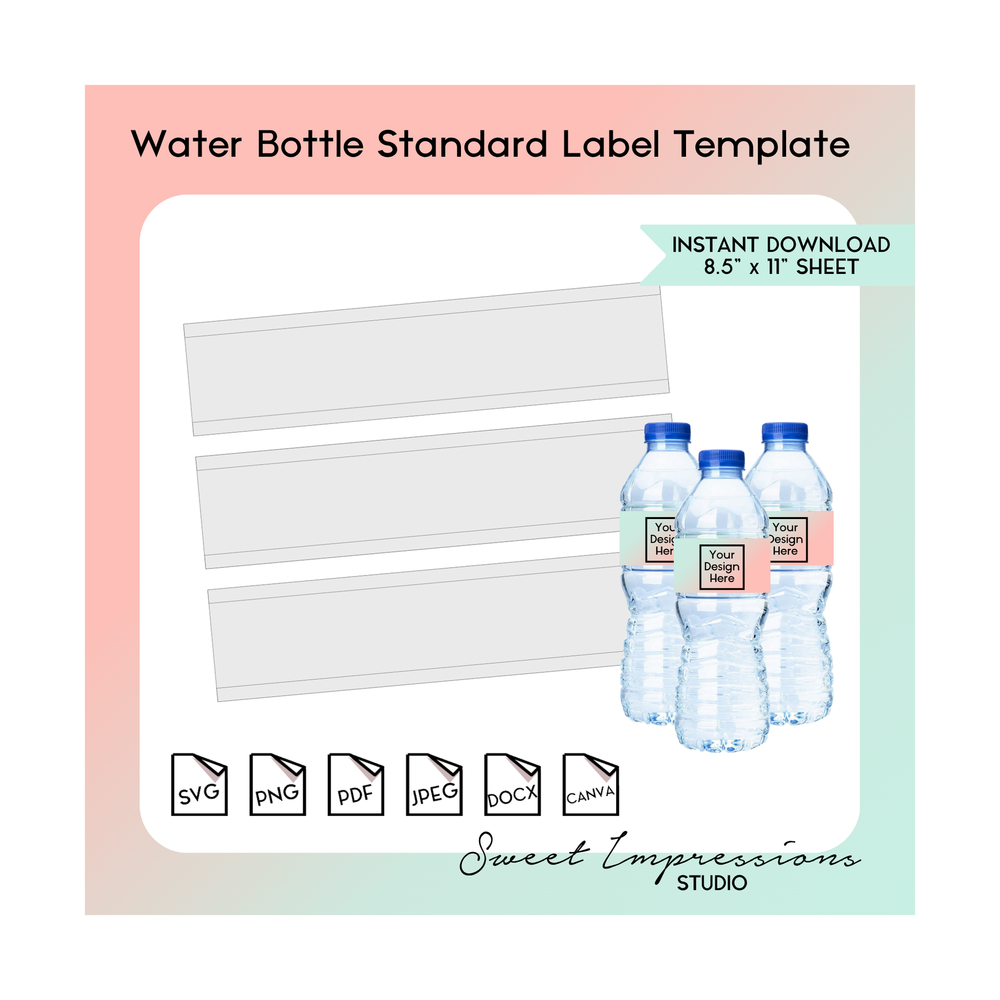 Water Bottle Wrapper Template | Blank Template | svg, png,pdf, jpeg, docx, canva | DIY Printable | Standard 16.9oz Bottle Size | INSTANT