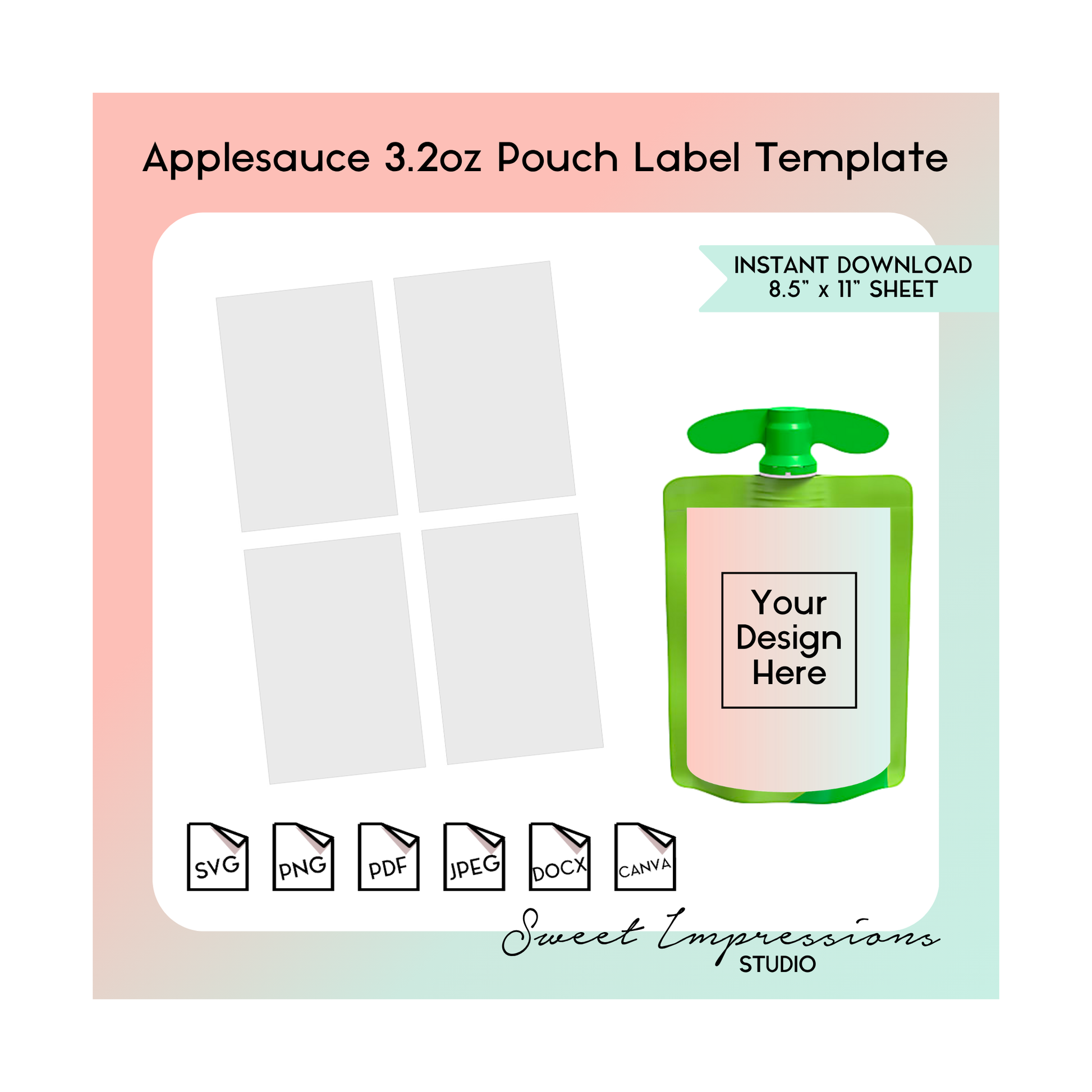 Applesauce Pouch Label Template | Blank Template | svg, png,pdf, jpeg, docx, canva | DIY Printable | 3.2oz Pouch Size | INSTANT DOWNLOAD