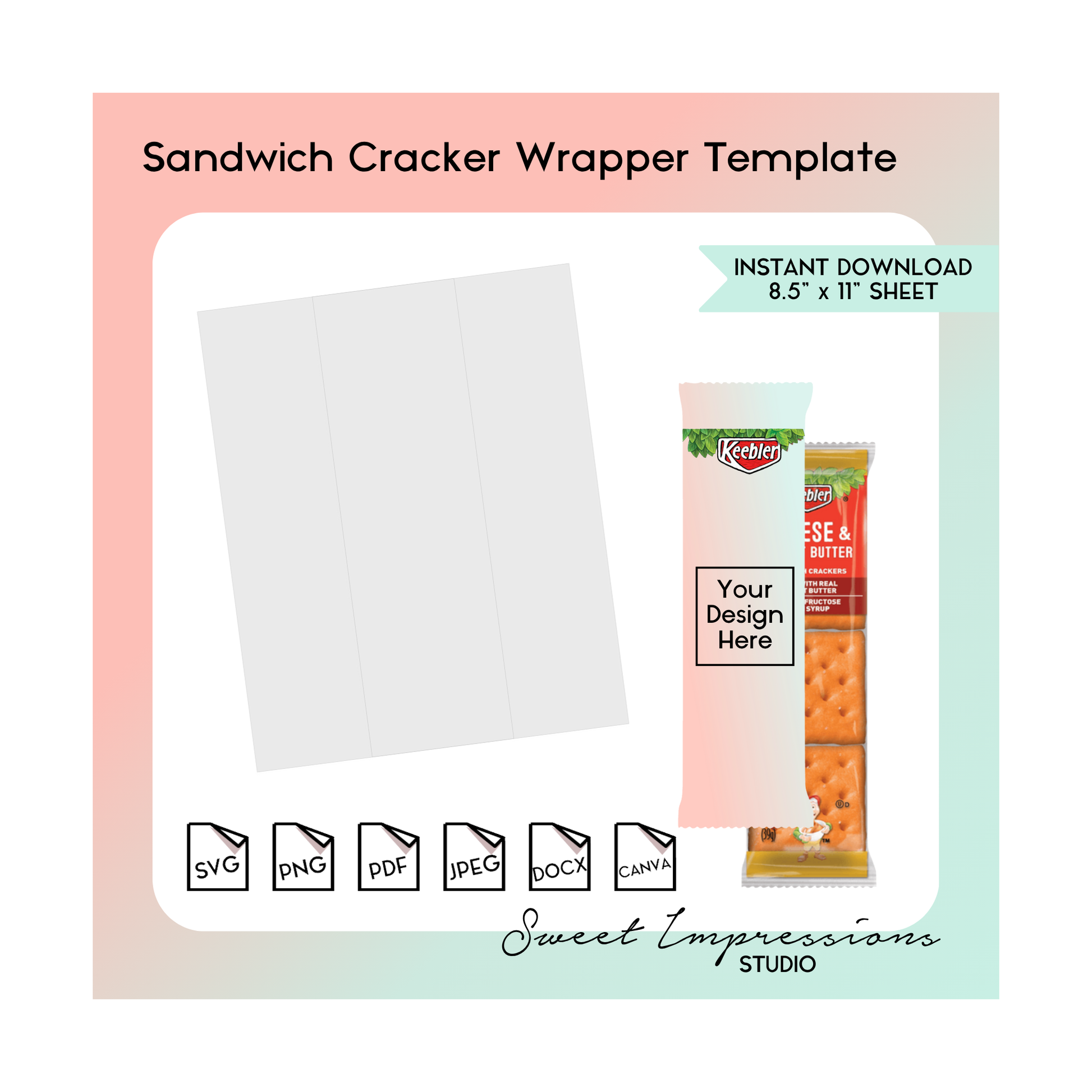 Sandwich Cracker Wrapper Template | Blank Template | svg, png,pdf, jpeg, docx, canva | DIY Printable | 1.38oz Package Size | INSTANT FILE