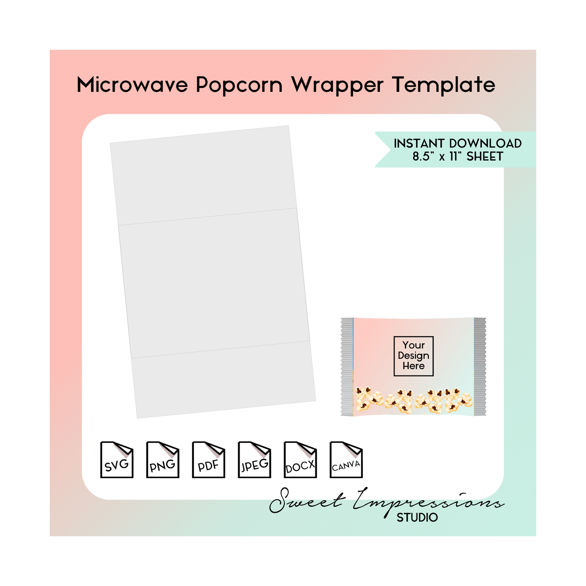 Microwave Popcorn Wrapper Template | Blank Template | svg, png,pdf, jpeg, docx, canva | DIY Printable | 3.3oz Size | INSTANT DOWNLOAD