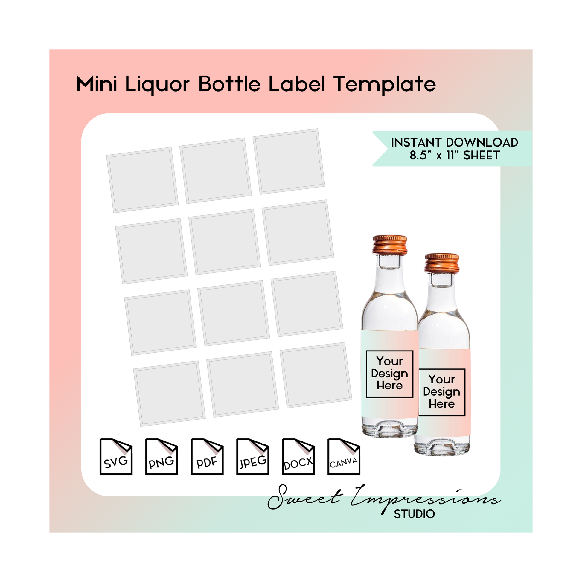 Mini Liquor Bottle Label Template | Blank Template | svg, png,pdf, jpeg, docx, canva | DIY Printable | Mini Bottle Size | INSTANT DOWNLOAD