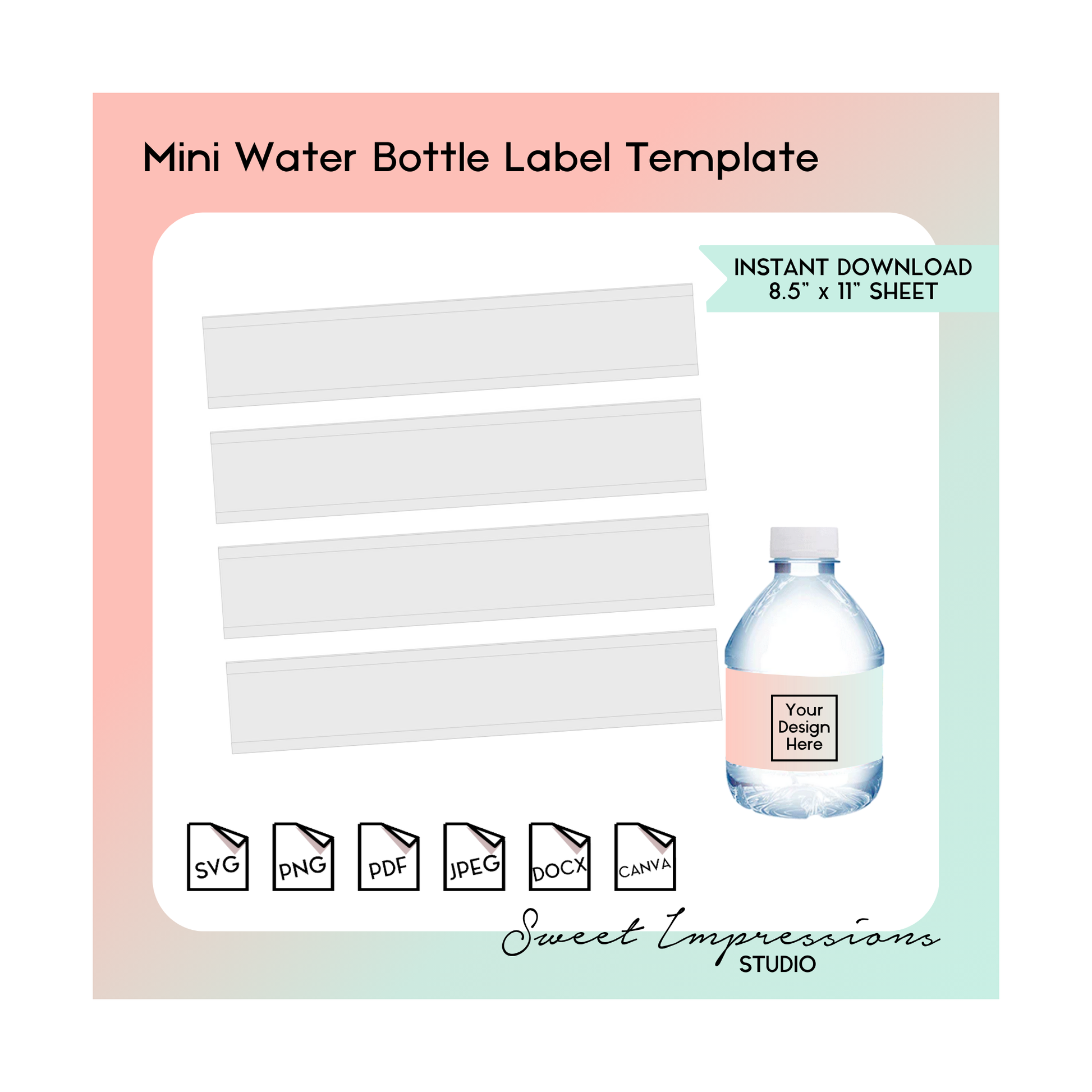 Mini Water Bottle Wrapper Template | Blank Template | svg, png,pdf, jpeg, docx, canva | DIY Printable | 8oz Bottle Size | INSTANT