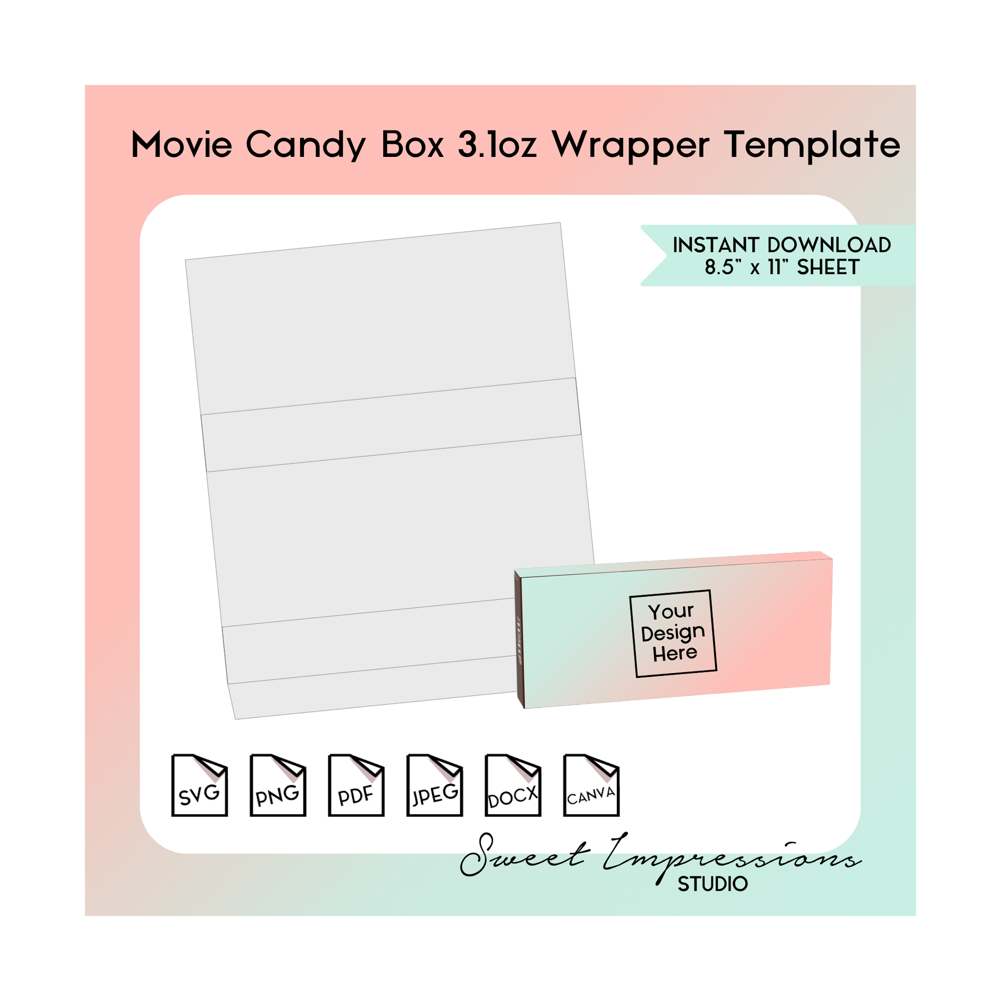 Movie Candy Box Wrapper Template | Blank Template | svg, png,pdf, jpeg, docx, canva | DIY Printable | 3.10oz Box Size | INSTANT DOWNLOAD