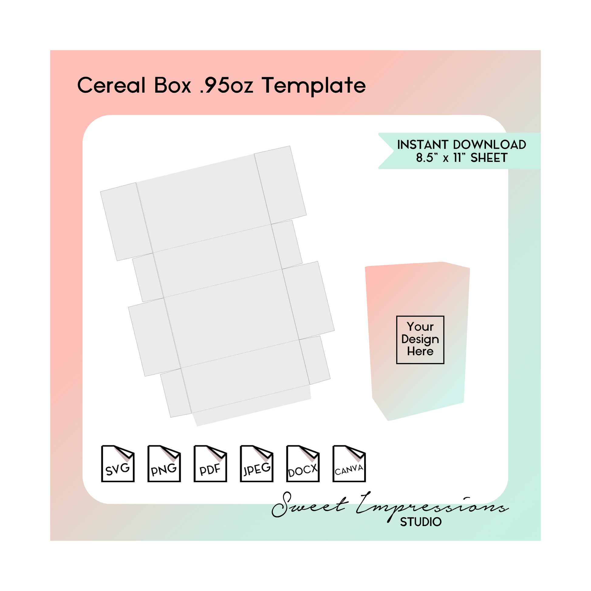 Cereal Box Wrapper Template | Blank Template | svg, png,pdf, jpeg, docx, canva | DIY Printable | .95oz Box Size | INSTANT DOWNLOAD